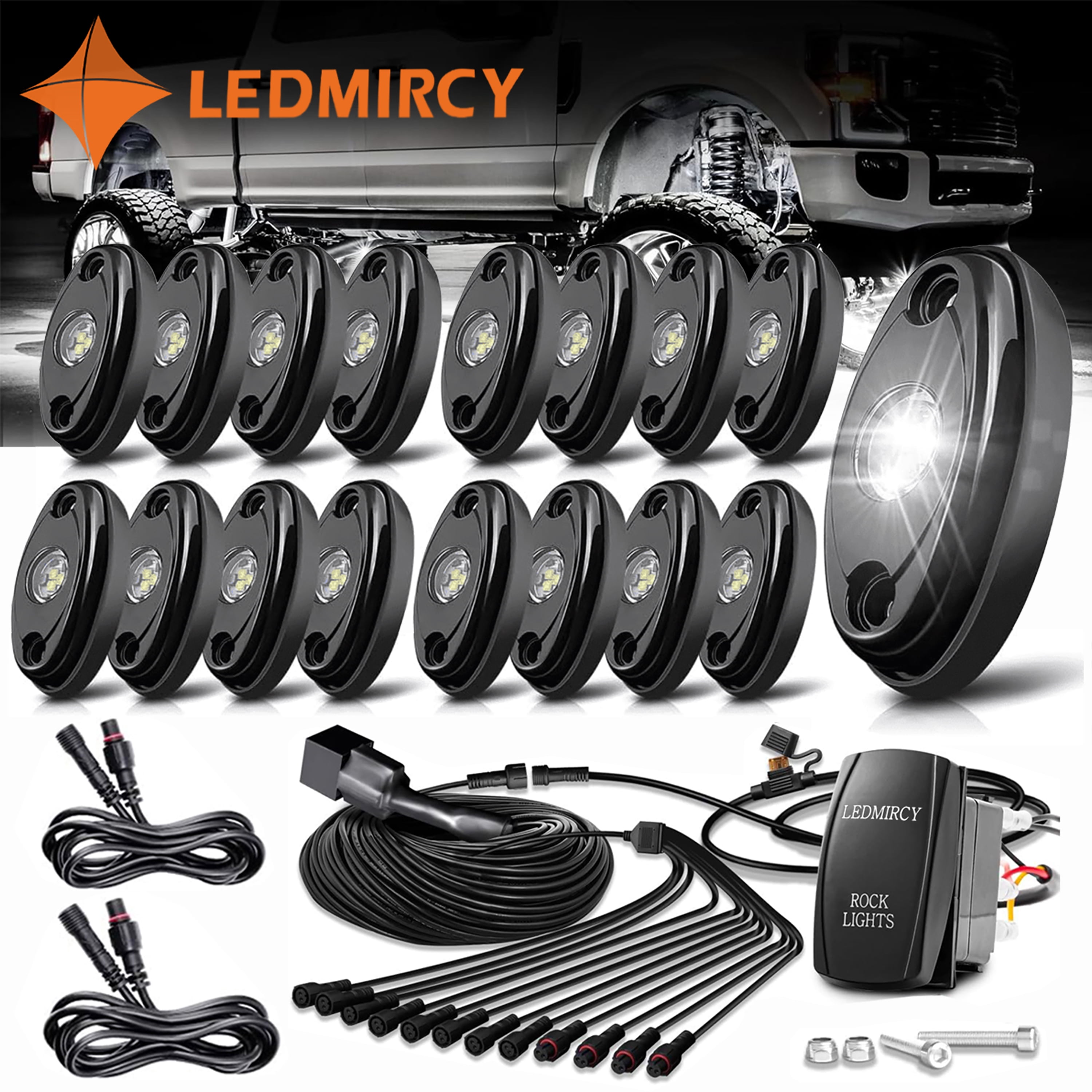 LEDMIRCY R1 Pure White Rock Lights 16PCS with Switch Wiring Harness, High Power Waterproof Underglow for Utv Atv off Road Trucks