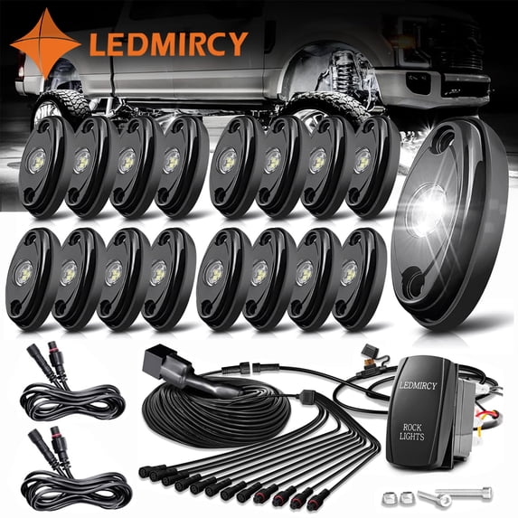 LEDMIRCY R1 Pure White Rock Lights 16PCS with Switch Wiring Harness, High Power Waterproof Underglow for Utv Atv off Road Trucks