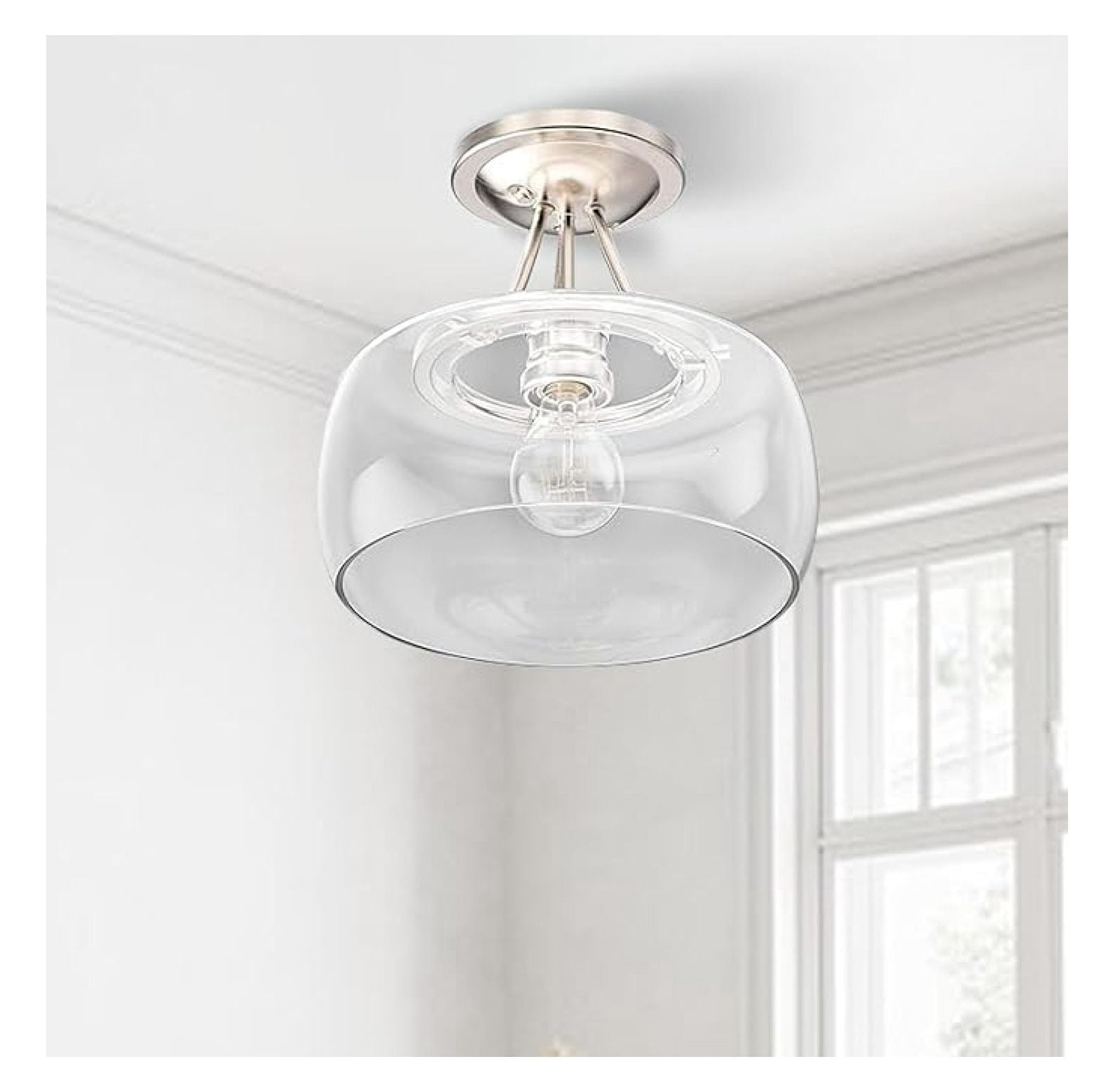 LEDMyplace 1 Light Semi Flush Mount Ceiling Light, Farmhouse Lighting, Clear Glass Shade, Brushed Finish, Indoor Lamp, Close to Ceiling Hanging Light Fixtures, E26 Base, (Bulb Not Included)