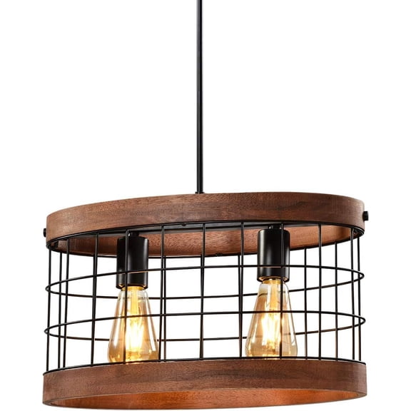LEDONE Adjustable Height Farmhouse Ceiling Light, Vintage Chandelier Lighting Fixture, Wooden Industrial Pendant Lights, Rustic 2-Light Oval Light with Mesh Cage for Kitchen Island, Home