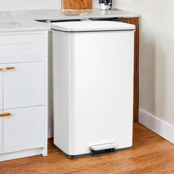 LEDREM 10.5 Gal Step Kitchen Trash Can , Soft-Close Lid , Bag Retainer Ring , Includes 15 Trash Bags , Space Efficient , Stainless Steel ,Silver ,White