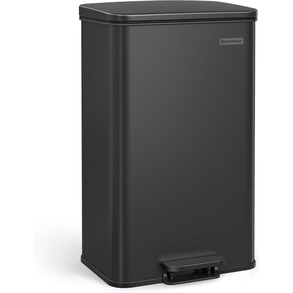 LEDREM 10.5 Gallon Step Trash Can with Soft Close Lid, Stainless Steel Garbage Bin with Stay-Open Feature and 15 Bags, Black