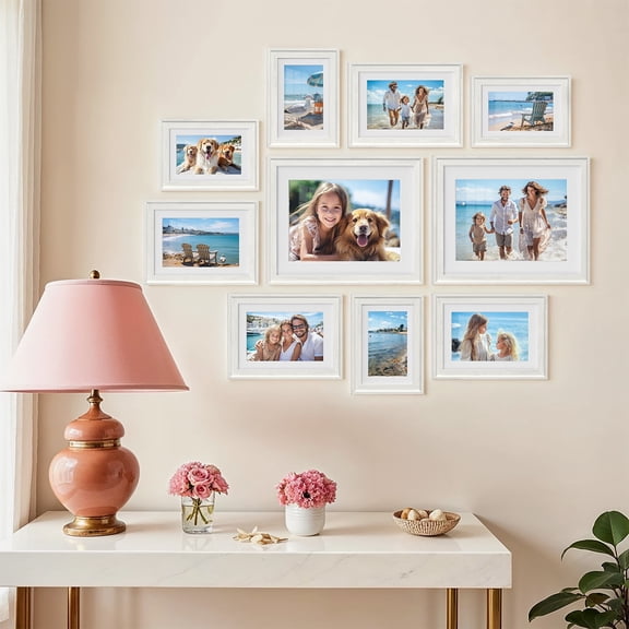 LEDREM 10-Piece Collage Photo Frame Set with 16 Mats, Includes 8x10 5x7 4x6 Sizes for Wall or Tabletop Display, 12 Non-Trace Nails, White