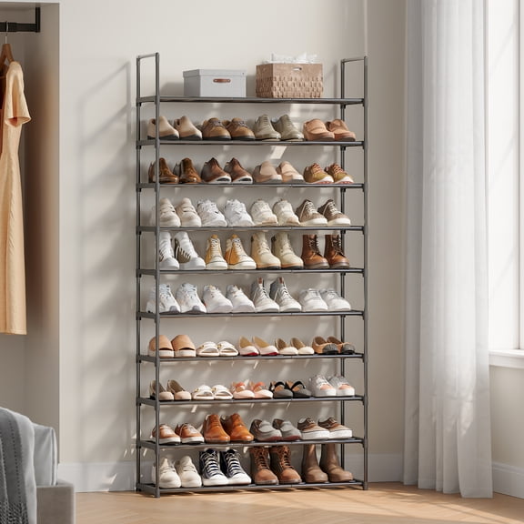 LEDREM 10-Tier Metal Shoe Rack, Upright or Upside Down Shoe Organizer for 44-55 Pairs, 36.2 x 68.1 Inch Storage Shelf for Entryway, Black