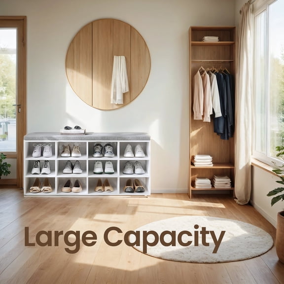 LEDREM 12-Compartment Storage Bench with Padded Seat for Entryway, Hallway & Bedroom, Easy Assembly, Cloud White and Slate Gray