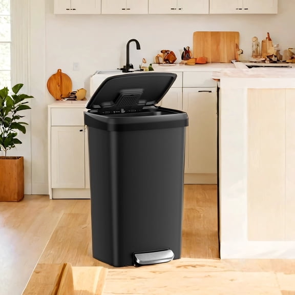 LEDREM 12-Gallon Plastic Trash Can with Stainless Steel Lid , Soft-Close Pedal Bin with Wheels & Carbon Filter ,Ink Black