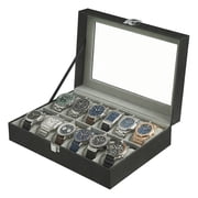 LEDREM 12-Slot Deluxe Watch Display Case with Glass Top, Removable Pillows & PU Leather, Watch Organizer Gift Box, Black and Gray