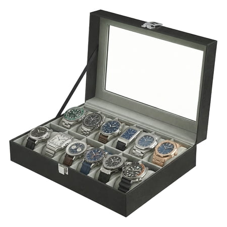 LEDREM 12-Slot Deluxe Watch Display Case with Glass Top, Removable Pillows & PU Leather, Watch Organizer Gift Box, Black and Gray