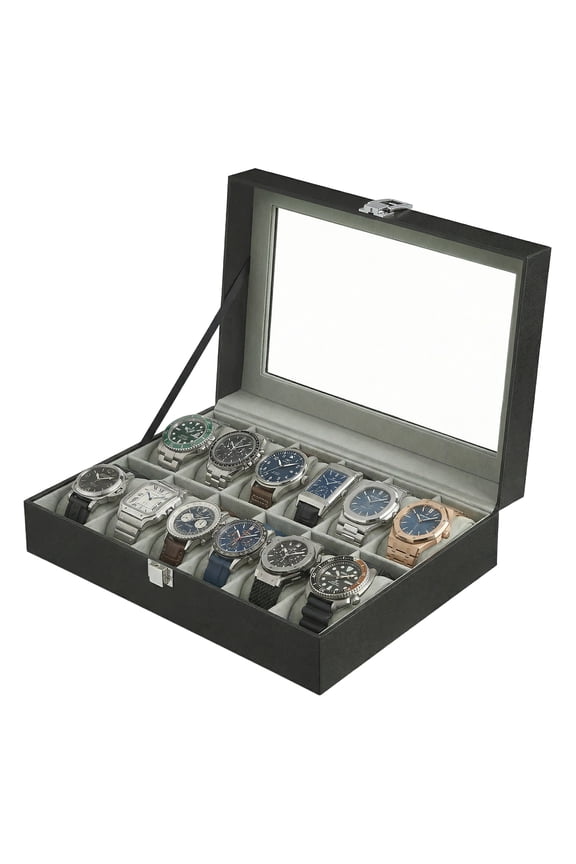 12-Slot Deluxe Watch Display Case with Glass Top, Removable Pillows & PU Leather, Watch Organizer Gift Box, Black and Gray
