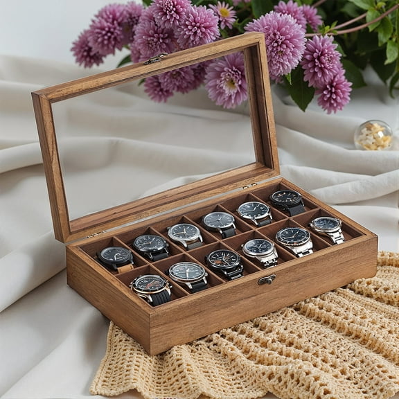 LEDREM 12-Slot Luxury Watch Box with Glass Top, Solid Wood Display Case with Velvet Pillows, Rustic Walnut