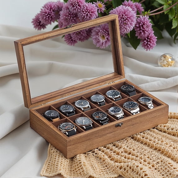 LEDREM 12-Slot Luxury Watch Box with Glass Top, Solid Wood Display Case with Velvet Pillows, Rustic Walnut