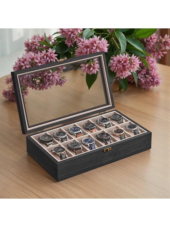 12-Slot Solid Wood Watch Box with Glass Lid, Velvet-Lined Display Case with Removable Pillows, Ebony Black