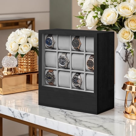 LEDREM 12-Slot Vertical Watch Box with Display Window, Wood Veneer Case with Hidden Drawers, Velvet Lining, Space-Saving, Ebony Black