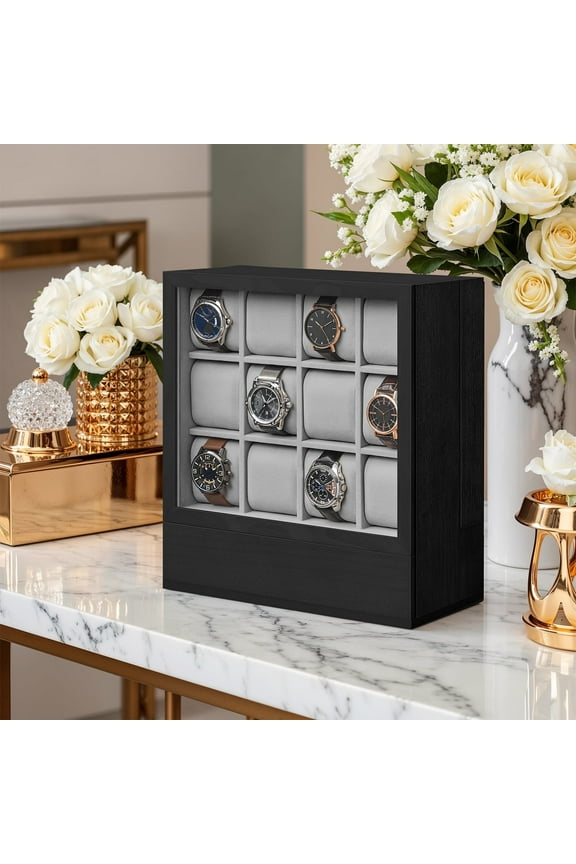 12-Slot Vertical Watch Box with Display Window, Wood Veneer Case with Hidden Drawers, Velvet Lining, Space-Saving, Ebony Black