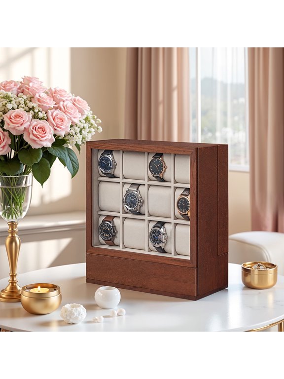 12-Slot Vertical Watch Display Case with Hidden Drawers, Wood Veneer & Velvet Lining, Space-Saving Organizer, Coffee Brown
