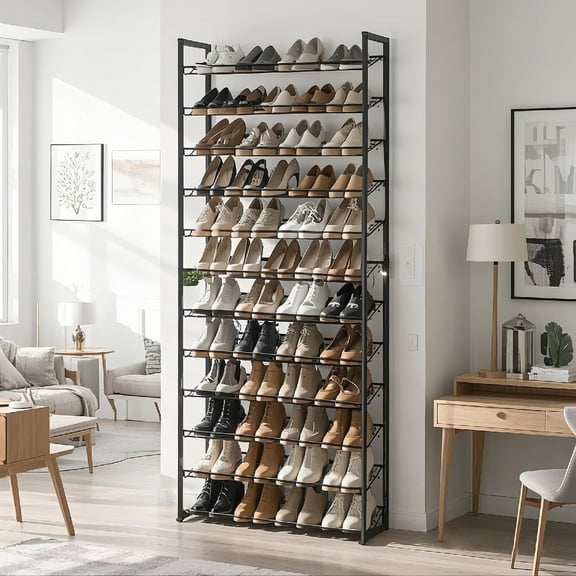 LEDREM 12-Tier Stackable Adjustable Shoe Rack for Garage & Entryway, Heavy-Duty Metal Frame, Holds 48-60 Pairs, Space-Saving Design, Cool Gray