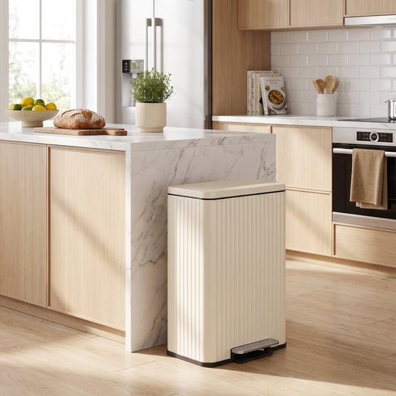 LEDREM 13 Gallon Kitchen Bin with Pedal, Soft Close Lid, Removable Inner Bucket, Stainless Steel Trash Can, Cream