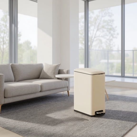 LEDREM 13 Gallon Slim Trash Can , Soft-Close Lid with Inner Bucket & Pedal , Narrow Space Kitchen Bin , Sand Beige