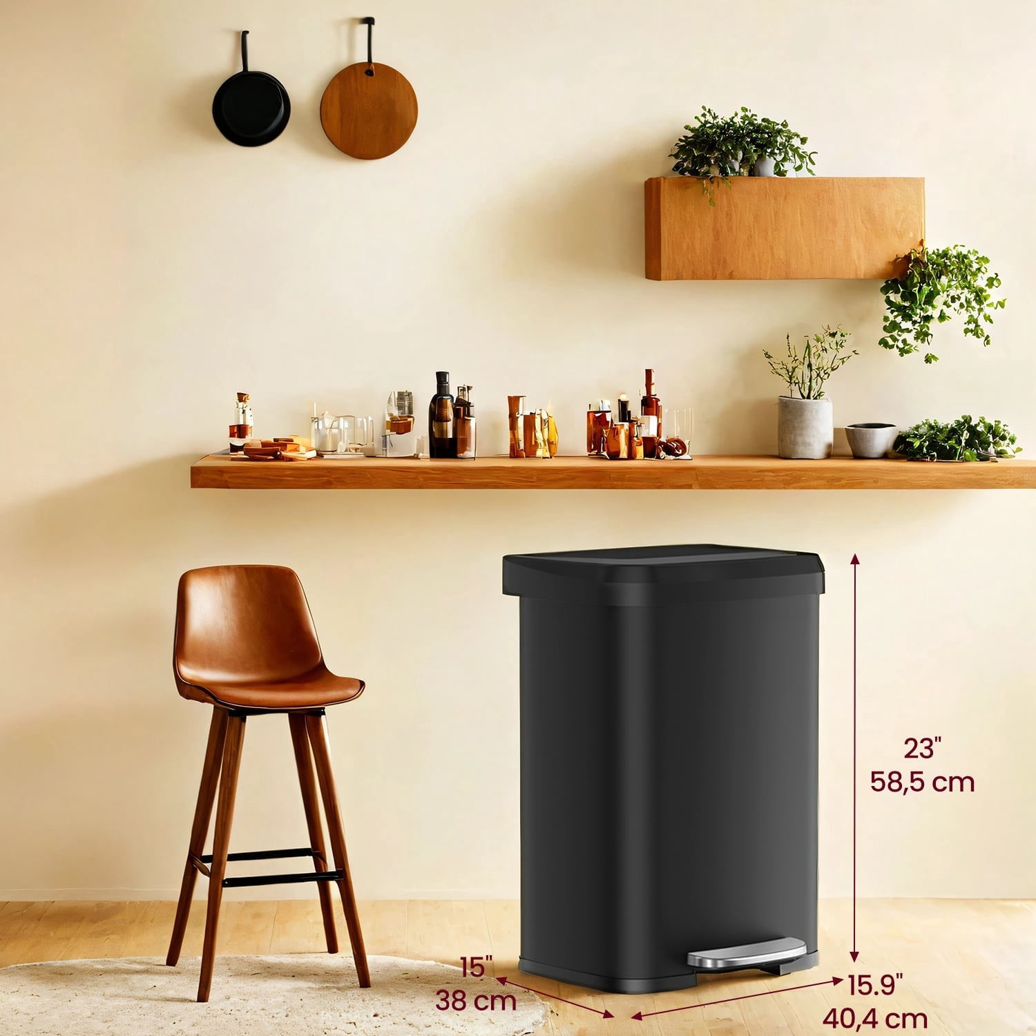 LEDREM 13 Gallon Stainless Steel Kitchen Trash Can , Stay-Open Lid with Step Pedal & Odor Filter , Large Capacity Bin ,Black