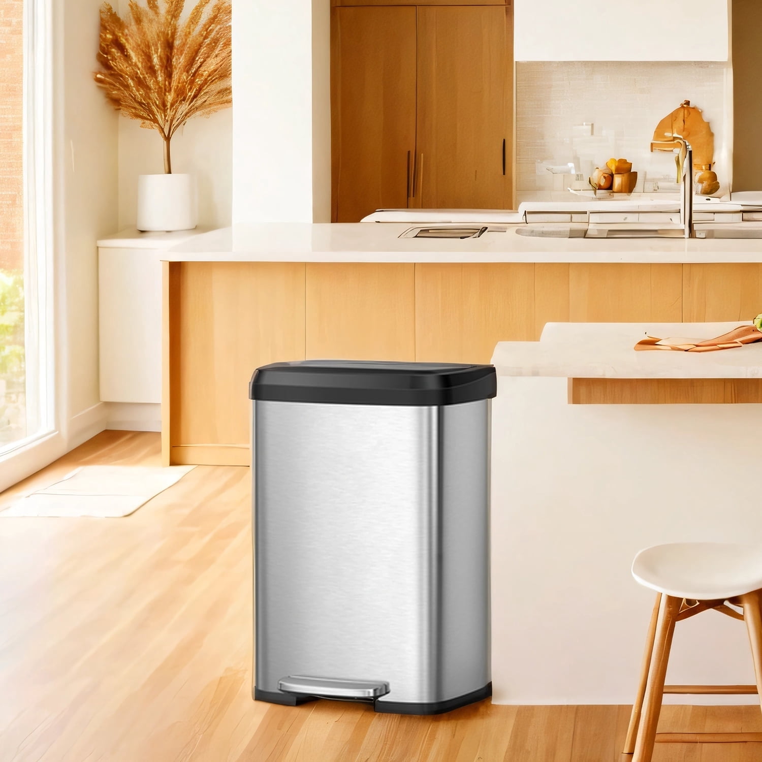 LEDREM 13 Gallon Stainless Steel Kitchen Trash Can , Stay-Open Lid with Step Pedal & Odor Filter , Large Capacity Bin ,Silver and Black