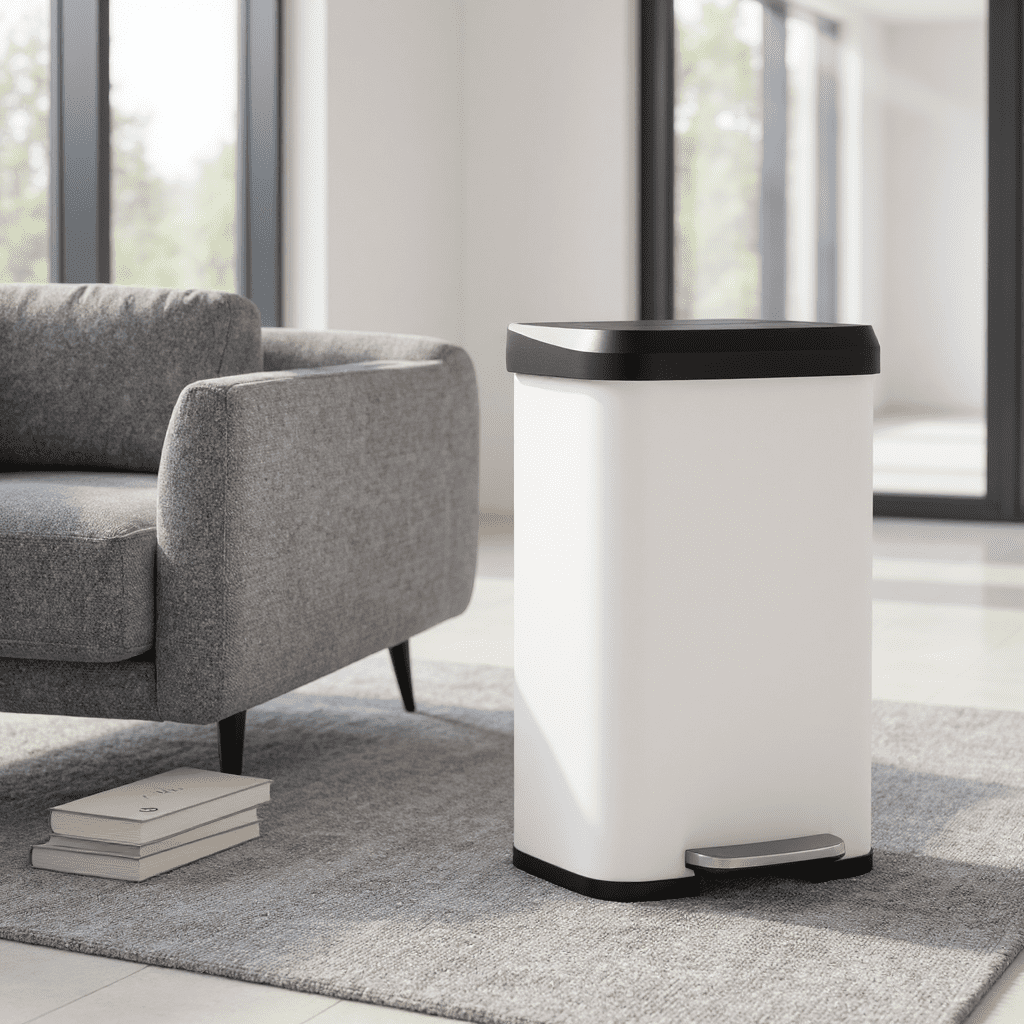 LEDREM 13 Gallon Stainless Steel Kitchen Trash Can , Stay-Open Lid with Step Pedal & Odor Filter , Large Capacity Bin ,White and Black
