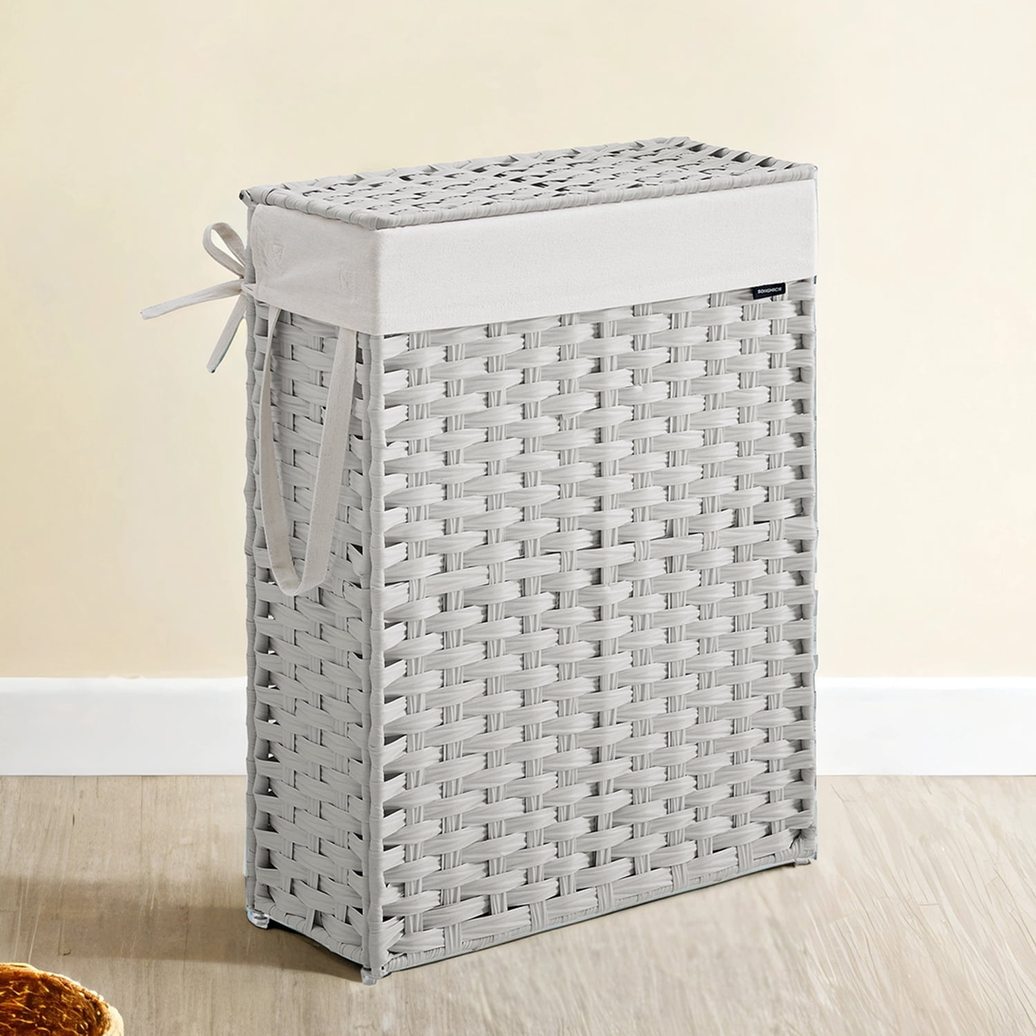 LEDREM 14.5-Gallon Slim Laundry Hamper with Lid, Rattan Clothes Basket with Removable Liner & Handles, Foldable, Space-Saving, Cloud White