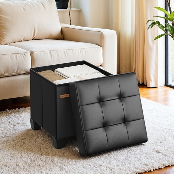 LEDREM 15-Inch Cube Storage Ottoman, 660 lb Capacity Foldable Footrest with 10 Gallon Storage, Synthetic Leather, Ink Black