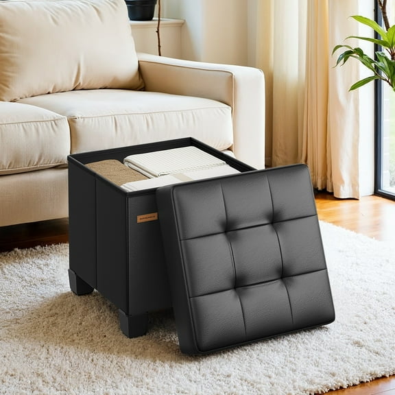LEDREM 15-Inch Cube Storage Ottoman, 660 lb Capacity Foldable Footrest with 10 Gallon Storage, Synthetic Leather, Ink Black