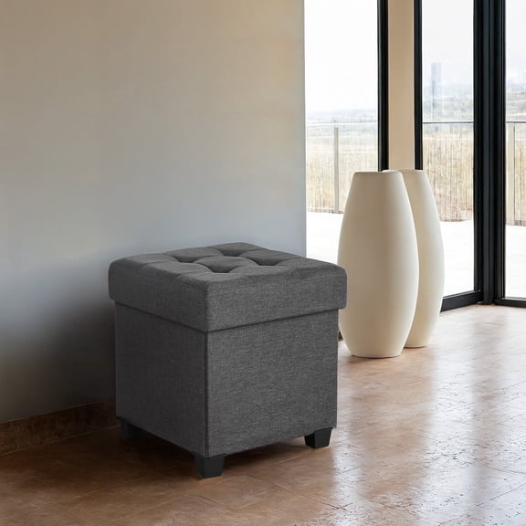 LEDREM 15" Cube Storage Ottoman with Feet, Footstool with 10-Gallon Storage, Ottoman with Storage Holdss up to 660 lb, Dark Gray