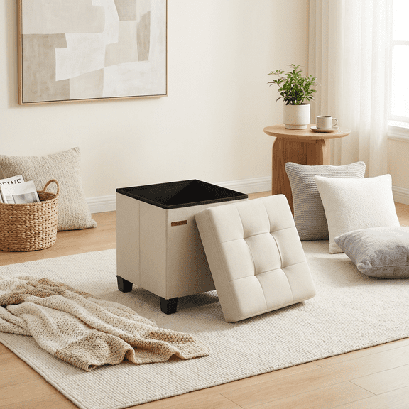 LEDREM 15" Cube Storage Ottoman with Feet, Footstool with 10-Gallon Storage, Ottoman with Storage Holdss up to 660 lb, Cream White