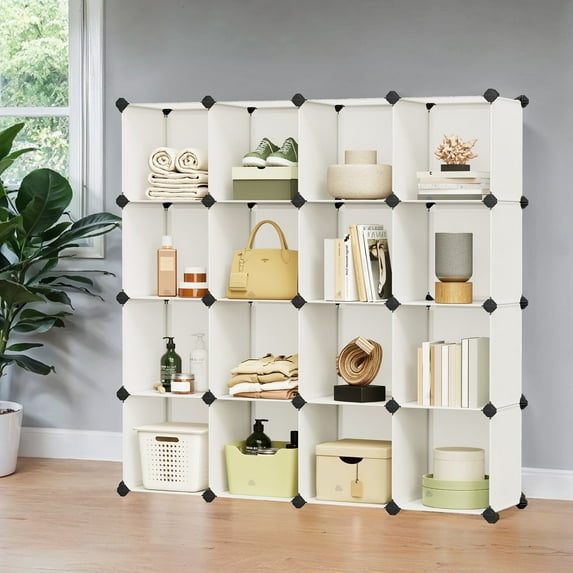 LEDREM 16-Cube Modular Closet System - Heavy Duty Plastic & Metal Storage Organizer, Tool-Free Assembly, Cream White