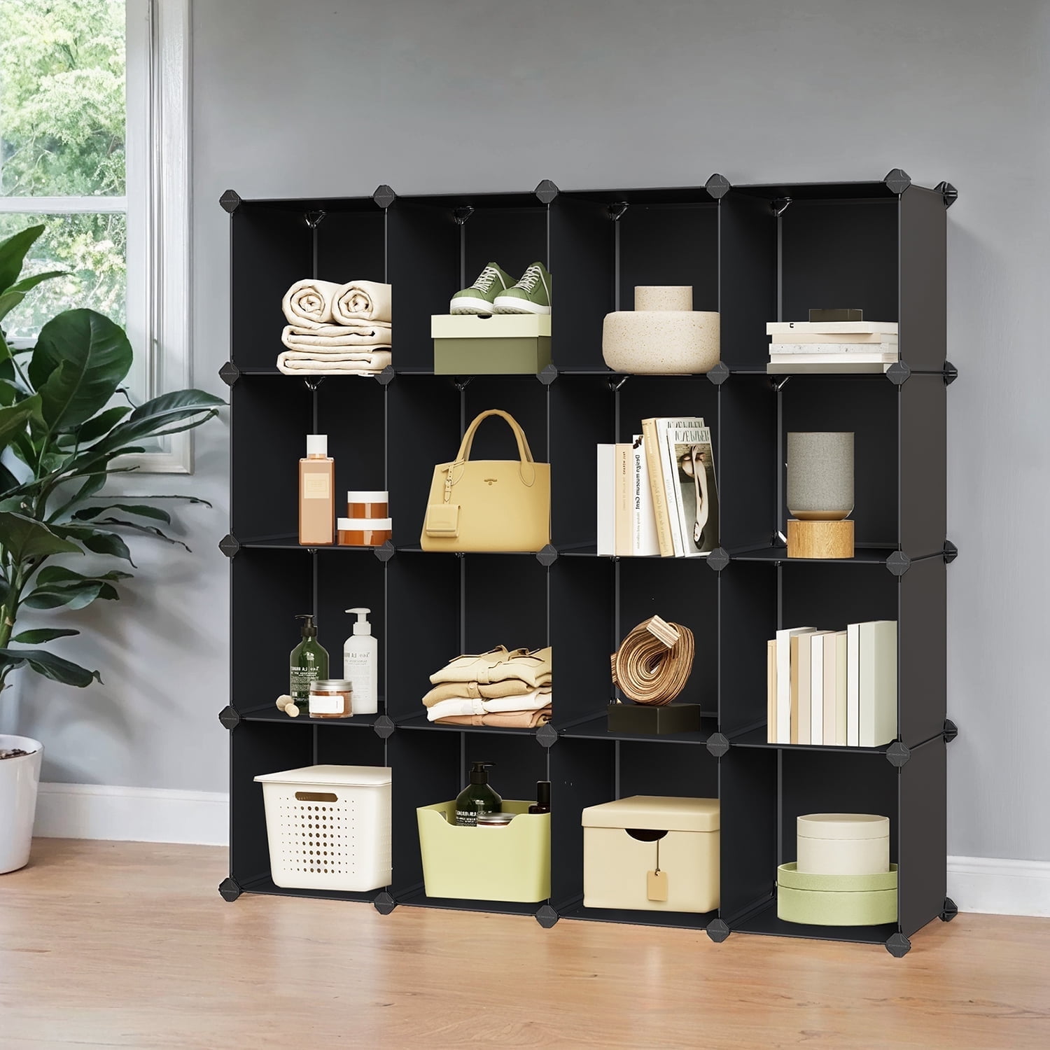 LEDREM 16-Cube Modular Storage System - Heavy Duty Plastic&Metal nizer,Tool-Free Assembly, Multi-Functional Use, All age,Black