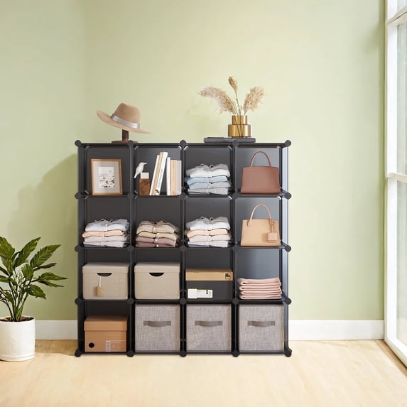 LEDREM 16-Cube Modular Storage System - Heavy Duty Plastic & Metal Organizer for Closet, Bedroom, Easy Snap Assembly, Gray