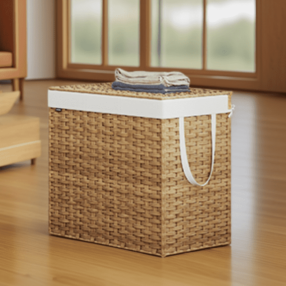 LEDREM 160 L Laundry Hamper with Lid, 3-Section Wicker Basket with Removable Liners and Mesh Bags, Double Laundry Organizer, Natural