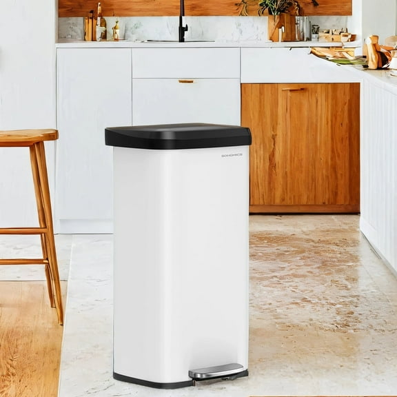 LEDREM 18 Gallon Stainless Steel Kitchen Trash Can , Stay-Open Lid with Step Pedal & Odor Filter , Large Capacity Bin ,White and Black