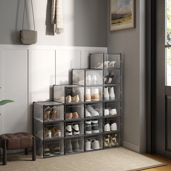 LEDREM 18-Pack Extra Large Shoe Boxes - Clear Stackable Organizers with Ventilation, Fits Size 13, Foldable for Closet, Transparent and Black