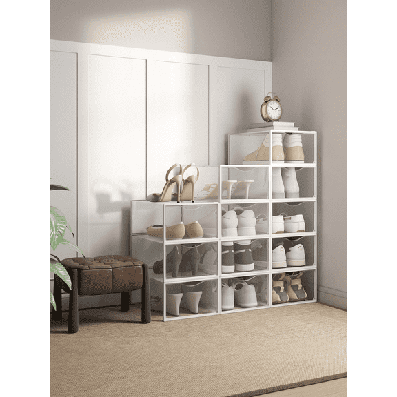 LEDREM 18 Pack Stackable Shoe Boxes, Transparent and Cloud White Plastic Shoe Storage Organizers for Closet, Sneaker Containers