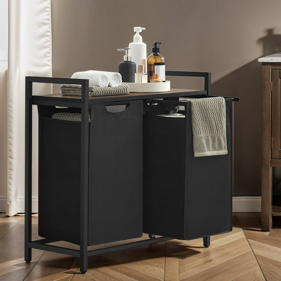 LEDREM 2-Compartment Laundry Hamper with Shelf, 24.2 Gallon (92L) Foldable Clothes Sorter, Removable Oxford Fabric Liners, Steel Frame & MDF Panel, Light,Dark Laundry Separation, Black