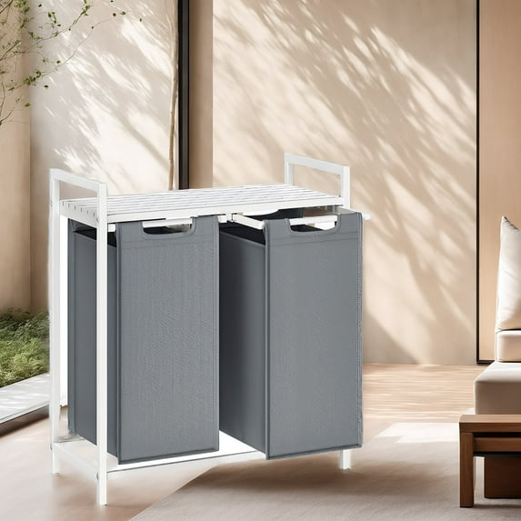 2-Compartment Laundry Hamper & Sorter with Removable Bags, Foldable Shelf, 24.2 Gal (92L) Capacity, Sturdy Metal Frame, for Home,Laundry Room, White & Gray