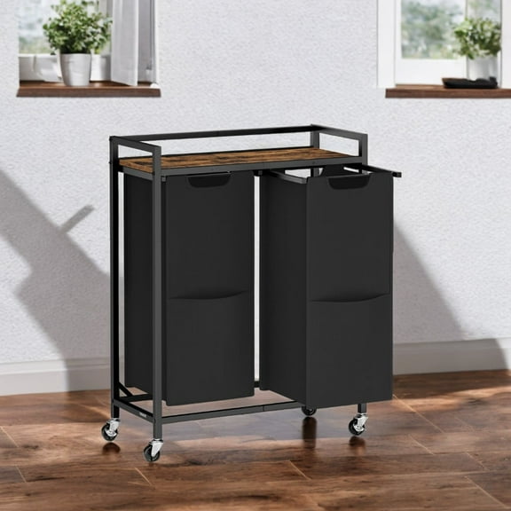LEDREM 2-Compartment Rolling Laundry Sorter, 29 Gallon Capacity with Shelf & Removable Bags, Steel Frame, Ink Black and Rustic Brown