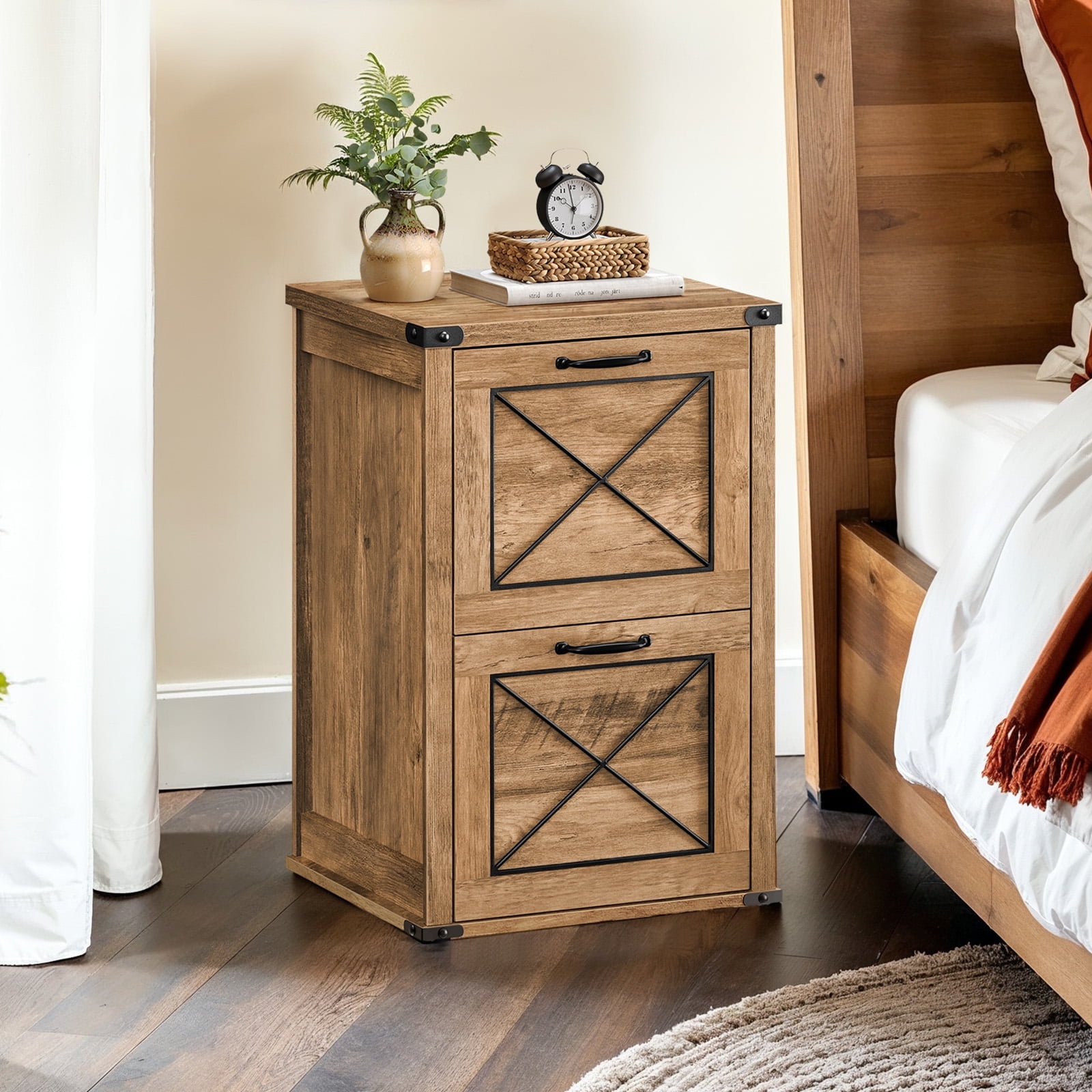 LEDREM 2-Drawer File Cabinet with Hanging File Folders, Modern Farmhouse Office Cabinet and Printer Stand, Fits A4 & Letter Size, Honey Brown