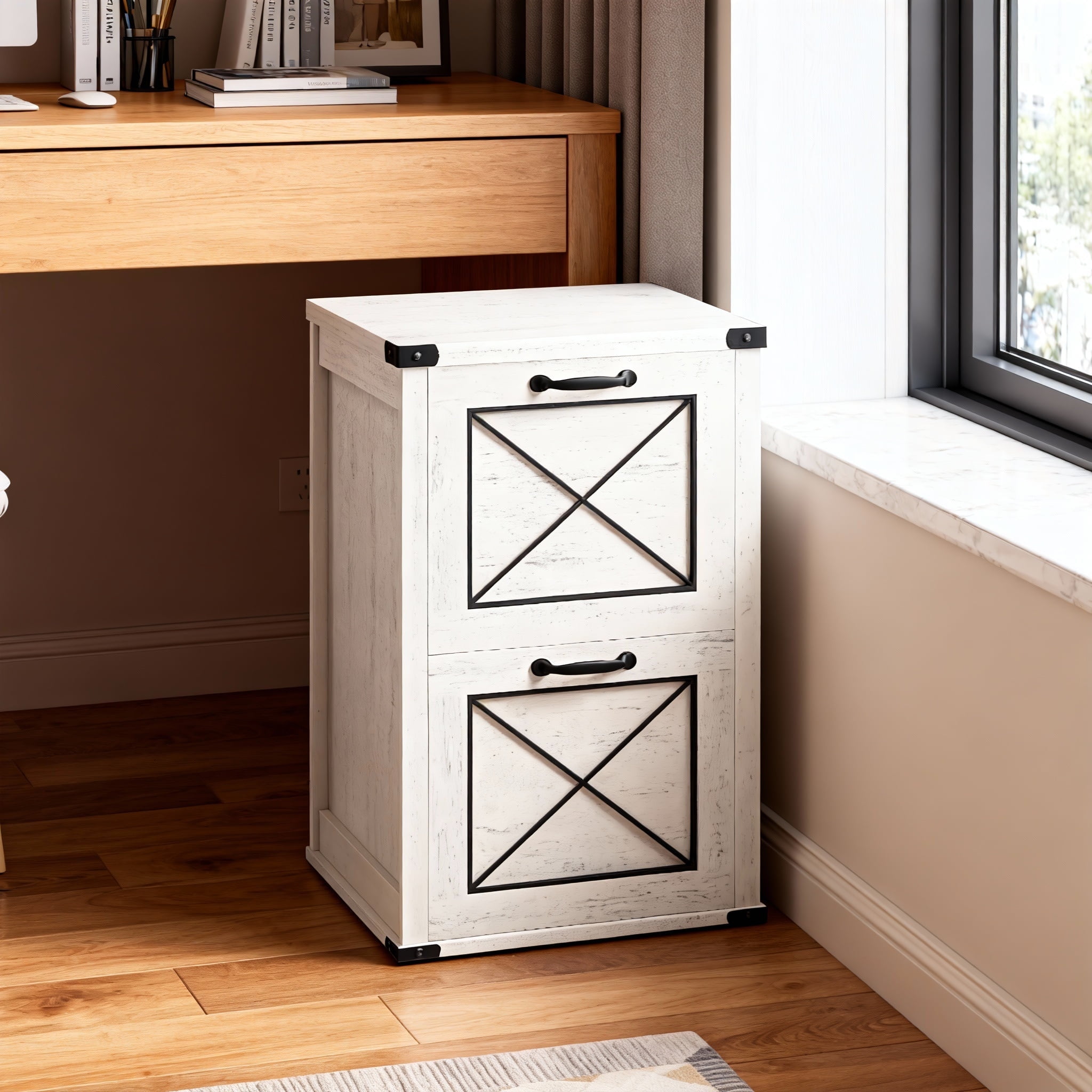 LEDREM 2-Drawer File Cabinet with Hanging File Folders, Modern Farmhouse Office Cabinet and Printer Stand, Fits A4 & Letter Size, Rustic White