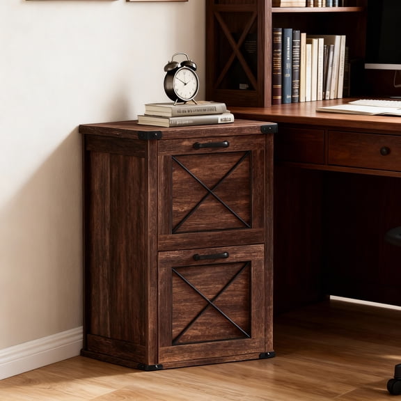 LEDREM 2-Drawer File Cabinet with Hanging Rails, Modern Farmhouse Style Printer Stand for Home Office, Fits A4 & Letter Size, Maroon Brown