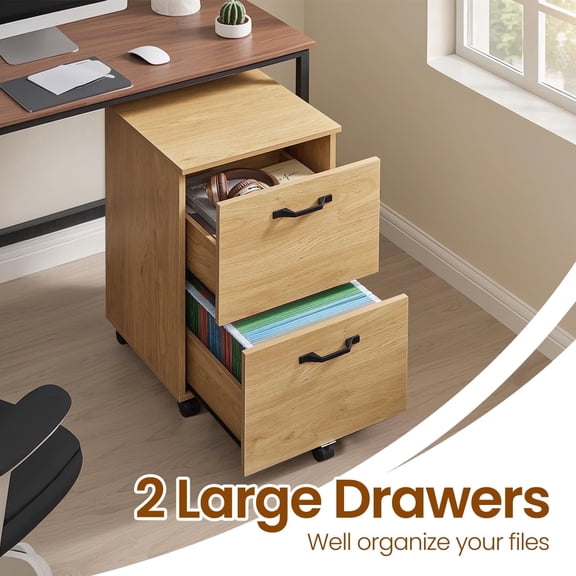 LEDREM 2-Drawer Rolling Storage Unit – Wood File Cabinet with Steel & Particleboard Construction, for Office, Holds A4/Letter Folders, 5 Swivel Casters with Brakes, Supports 77 lbs, Straw Yellow