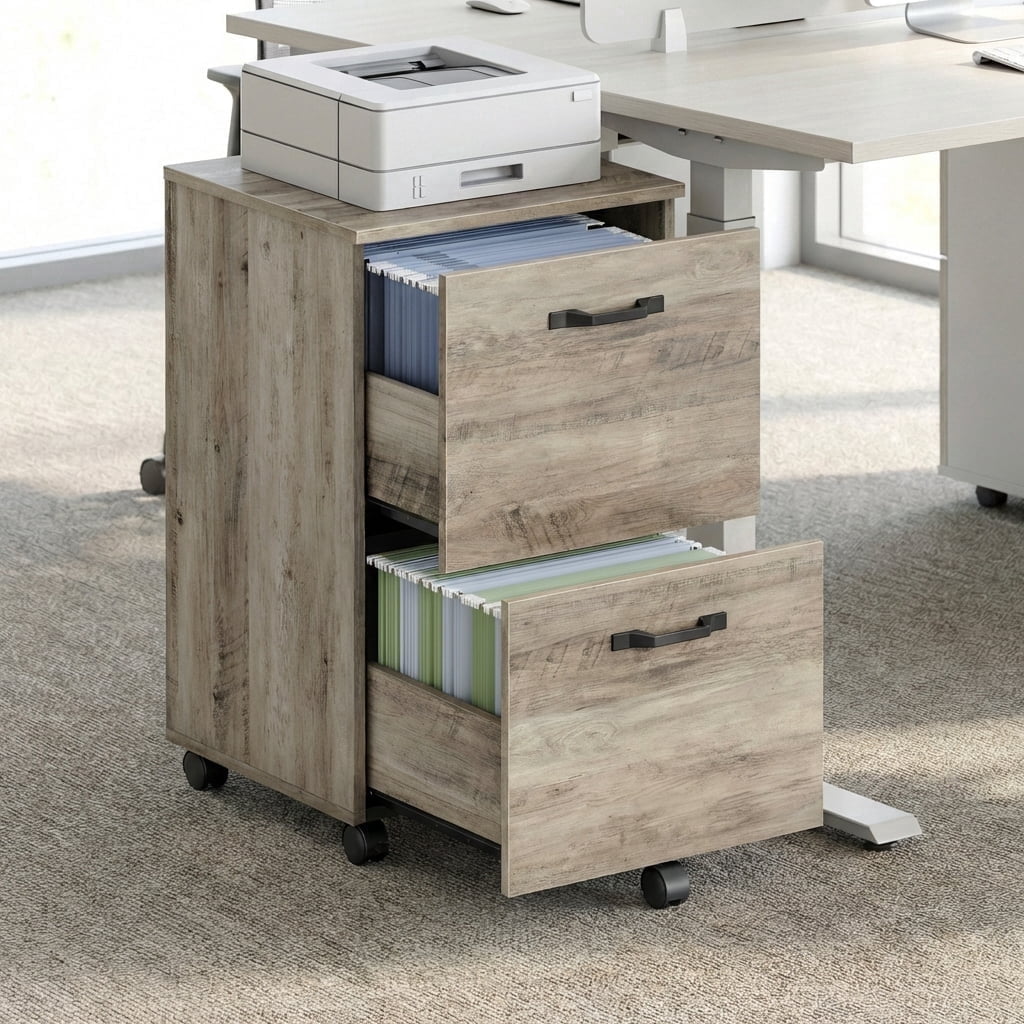 File Rack Asters LEDREM 2-Drawer Rolling Storage Unit – Wood File Cabinet with Steel ...