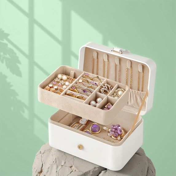 LEDREM 2-Layer Jewelry Organizer Box, Travel Case with Removable Tray & Necklace Hooks - Compact Storage for Earrings, Rings, Bracelets, Gift for Women, Cloud White