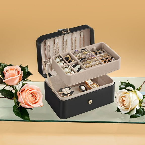 LEDREM 2-Layer Travel Jewelry Box Organizer with Removable Tray & Necklace Hooks, Compact Jewelry Storage Case for Earrings, Rings & Bracelets, Ink Black