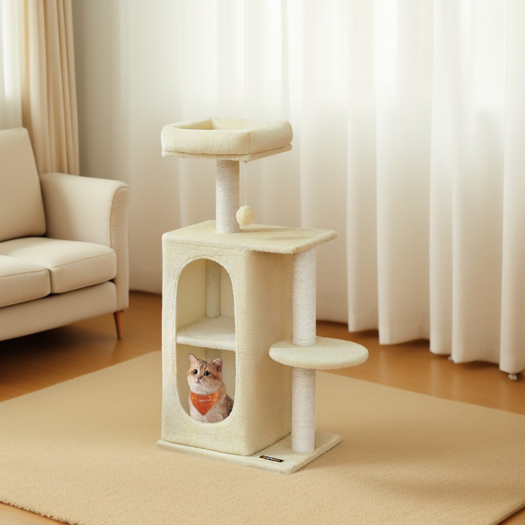LEDREM 2-Level Cat Tree with Plush Caves & Scratching Posts, Compact Cat Tower for Indoor Cats and Kittens, Anti-Tip Design, Sand Beige