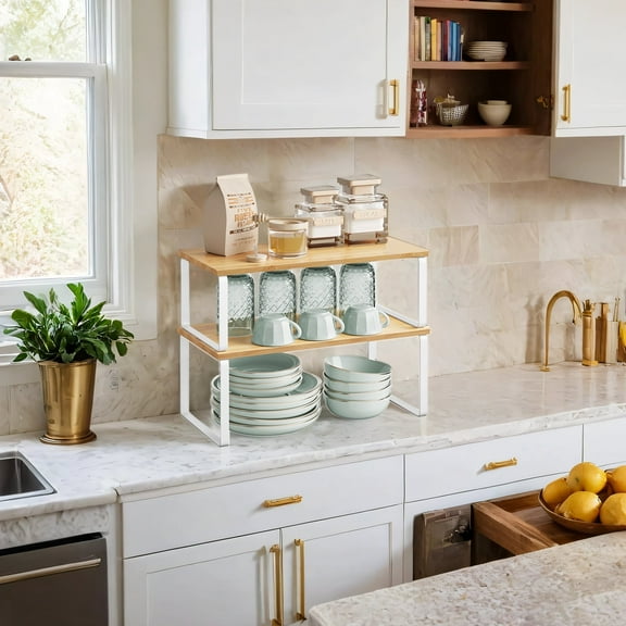 LEDREM 2-Pack Adjustable Kitchen Shelf Organizers - Stackable, Expandable Storage Rack for Spices, 33lb Capacity, Cloud White and Natural Beige