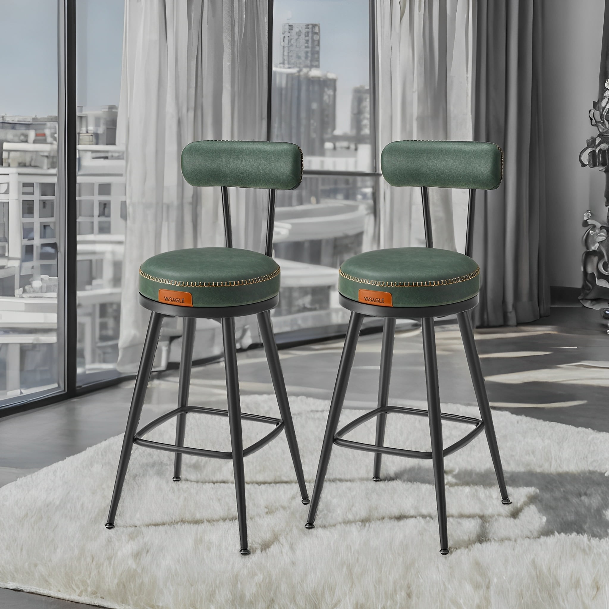 LEDREM 2-Pack Award-Winning Bar Stools - 360° Swivel, 3.1" Plush Seat, Mid-Century Design, Scratch-Resistant, Forest Green